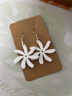 Lightweight earrings in Tiare design. 1.5 inches White acrylic. Made with Aloha in Hawaii Trendy White Earrings With Flower Charm, White Flower-shaped Trendy Earrings, Trendy White Flower-shaped Earrings, Trendy Handmade White Flower Earrings, Trendy White Flower Earrings For Gift, Trendy White Flower Earrings As Gift, Trendy White Handmade Flower Earrings, English Prayer, Tiare Flower