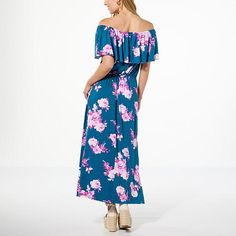 Colleen Lopez Off-the-Shoulder Printed Knit Maxi Dress  Stay in a sunny state of mind with this cheerful print knit maxi dress from Colleen Lopez. The easy off-the-shoulder, ruffled flounce neckline creates sweet, flutter-like cap sleeves, while the cinched elastic waist helps define your perfect hourglass shape. It's the perfect look for day-to-night style any time of year. Casual One Shoulder Maxi Dress For Beach, Casual One-shoulder Maxi Dress For Beach, Casual One-shoulder Maxi Dress For Vacation, Off-shoulder Floral Print Maxi Sundress, Green Off-shoulder Maxi Dress For Day Out, Casual Blue Off-shoulder Maxi Dress, Casual Off-shoulder Maxi Dress For Spring, Casual One-shoulder Maxi Dress For Brunch, Casual Green One-shoulder Maxi Dress