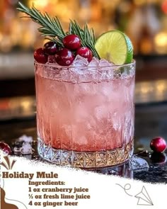 a holiday mule cocktail with cranberry juice and lime