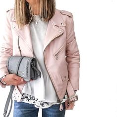 cute pink leather moto jacket although pleather would be better Pink Moto Jacket, White Peplum Tops, Pink Leather Jacket, Mode Tips, Leather Jacket Outfit, Blazer Outfit, Leather Jacket Outfits, Jacket Outfit