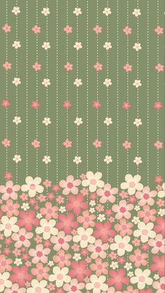 a green background with pink and white flowers