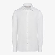 On its own or paired with a jacket, this casually refined white shirt is tailored slim with large point collar, and neat french placket, and a subtly curved hemline that's perfect for wearing untucked. Classic Formal Cotton Tops, Fitted Collared Timeless Top, Fitted Timeless Collared Top, Timeless Fitted Collared Top, Tailored Shirt With Concealed Placket For Work, Timeless Slim Fit Button-up Tops, Classic Tailored Office Tops, Classic Tailored Office Top, Classic Tailored Tops For Office