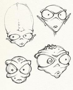 four different types of alien heads drawn in pencil on white paper, each with an individual's face