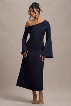 Astral Navy Satin Asymmetric Flared-Sleeve Midi Dress – Club L London - USA Cocktail Theme, Club L London, Evening Dress Floor Length, Black Dress Prom, Asymmetric Neckline, Bouncy Curls, Formal Look, Black Sequin Dress, Black Velvet Dress