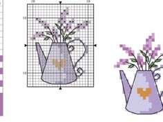 the cross stitch pattern shows how to make a vase with flowers in it, and an image of a watering can