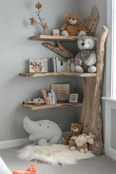 a child's room with bookshelves and stuffed animals