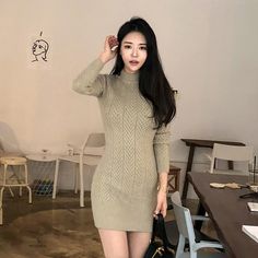 Lady Outfits, Long Sleeve Fitted Dress, Tight Mini Dress, Dress Tight, Turtleneck Sweaters, Elegant Office, Mini Sweater Dress, Flowing Skirt, Sweater Dress Women