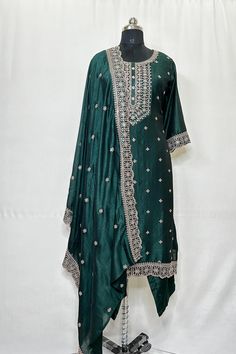 Green Embroidered Silk Kurta with Palazzo & Dupatta Indian Summer Wear For Women/ Indian Wedding Wear / Indian Plus Size Dress For Women / Customisation Available The set contains : 1 Straight Kurta 1 Palazzos 1 Dupatta Kurta: The Green embroidered kurta comes with a round neck . The kurta measures till the calf length and comes with a straight hem. It also comes with zari detail.  Sleeve Length : 3/4 Sleeves Trousers :  Solid trousers has partially elasticated waistband with slip on closure.   1 Dupatta: Comes with a dupatta.  Material : Kurta : Silk Blend Palazzo : Silk Blend Dupatta : Silk Blend Fabric Care : Hand wash Please see the size information below to choose a perfect size for yourself :  ( size in inches)  XS : BUST 34 | WAIST 30 |  S : BUST 36 | WAIST 32 |  M : BUST 38 | WAIST Indian Plus Size, Summer Wear For Women, Indian Party, Indian Wedding Wear, Silk Kurta, Straight Kurta, Festive Wear, Indian Summer, Embroidered Silk