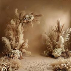 an image of a wedding arch decorated with flowers and pamolite plants in sepia tone