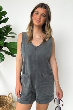 Ash Black / S Brittley Washed Denim Romper - FINAL SALE - Madison and Mallory Casual Washed Black Jumpsuits And Rompers With Pockets, Spring Cotton V-neck Denim Jumpsuit, Washed Black Cotton Denim Jumpsuit With Pockets, Washed Black Denim Jumpsuit With Pockets, Casual Washed Black Denim Jumpsuit With Pockets, Spring V-neck Denim Jumpsuit With Pockets, Trendy Sleeveless Shortalls With Pockets, Casual Sleeveless Washed Jumpsuits And Rompers, V-neck Jumpsuits And Rompers With Pockets For Day Out