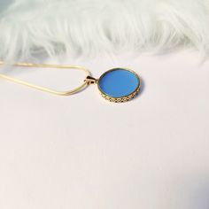 "Chalcedony pendant necklace gold,round,blue,flat pendant,gift for her,women jewelry,aqua,gemstone,unique,simple,18k gold,vintage style  necklace size:18\" pendant diameter:25mm Thickness:3mm Add this beautiful chalcedony ocean blue pendant gold  necklace. This pendant is inspired by vintage jewellery. Sets well around the neck and looks amazing." Blue Clavicle Chain Jewelry Gift, Blue Clavicle Chain Jewelry For Gifts, Blue Clavicle Chain Jewelry As Gift, Minimalist Gold Plated Medallion Jewelry, Elegant Round Disc Jewelry, Elegant Sapphire Color Gold-plated Necklace, Elegant Sapphire Color Gold Plated Necklace, Charm Necklaces With Large Round Pendant For Gifts, Elegant Pendant Charm Necklaces With Coin