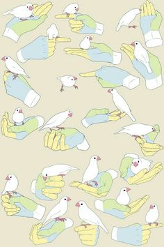 several birds sitting on top of each other with their hands in the shape of fingers