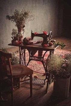 a sewing machine sitting on top of a wooden table next to potted plants and a chair