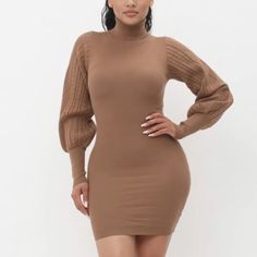 This Taylor Mini Dress Offers A Chic And Modern Silhouette, Featuring Bold Puffy Sleeves With Cable-Knit Detail For Added Texture. The High Neckline And Bodycon Fit Create A Flattering Shape, Perfect For Both Day And Night Events. Crafted With A Comfortable Stretch Fabric, This Dress Will Hug Your Curves While Keeping You Stylish. Beige Mini Dress For Fall, Fitted Beige Bodycon Dress For Fall, Beige Fitted Bodycon Dress For Fall, Beige Bodycon Dress For Fall Party, Fall Party Sweater Dress In Beige, Beige Mini Length Bodycon Dress For Winter, Beige Mini Bodycon Dress For Winter, Winter Beige Mini Length Bodycon Dress, Winter Beige Mini Bodycon Dress