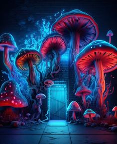 an image of some colorful mushrooms in the dark