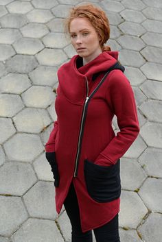 "Hooded Coat, Red Women Hoodie, Big Hood Hoodie Express Shipping to the USA, UPS Courier for free Delivery 3-5 Business Days Thanks for your love for the Hoodie/Tunic/Coat ♥ A short characteristic of this product... We present you a great asymmetrical sweater / jacket with a slightly longer front and a shorter length. The shirt has a unique shape and pattern, perfectly adhering to the silhouette. It has comfortable pockets that will fit all your trinkets, as well as a comfortable and large hood. Red Fleece Hooded Jacket With Adjustable Hood, Red Fleece Hooded Jacket, Red Cotton Winter Hoodie, Urban Red Long Sleeve Hooded Jacket, Red Cotton Outerwear With Drawstring Hood, Red Hoodie With Drawstring, Red Winter Sweatshirt With Kangaroo Pocket, Red Urban Hooded Jacket For Winter, Cozy Red Hoodie Outerwear