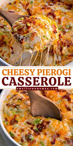 Want more of an easy Family-friendly dinner? This Cheesy Pierogi Casserole is layered with cheddar pierogies, creamy sauce, crisp bacon, scallions, mozzarella, and cheddar cheese. Make this hearty casserole recipe for fun and yummy comfort food! Filled Dumplings, Pierogi Casserole, Pierogi Recipe, Cheese Potato, Easy Comfort Food, Alfredo Sauce, Filling Recipes