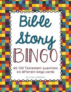 the bible story bingo book with colorful polka dots on brown and orange background, which reads'bible story bingo '