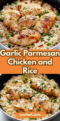 garlic parmesan chicken and rice in a skillet with the words garlic parmesan