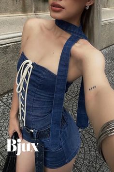 Bjux - Stylish Indigo Frenulum Backless Strapless Sleeveless Skinny Denim Romper Sleeveless Suit, Denim Romper, Backless Design, White Butterfly, Drawstring Pants, Cami Tops, High Waisted Shorts, Denim Fashion, Short Sets