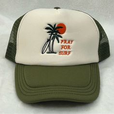 Pray For Surf Embroidered Olive Green White Surfer Trucker Mesh Snapback Hat Cap Brand New With Tags. Made By Jack’s Surfboards. Olive Green & White With Embroidered Logo. Pray For Surf Trucker Mesh Back Snap Back Hat Cap. #Surf #Surfing #Beach #Skate #Skateboarding Really Nice Looking Hat. Please See All Pictures For Details Summer Trucker Hat, Surf Hat, Adidas Snapback, New York Cap, Salty Soul, Pray For Surf, Daytona Beach Bike Week, Surf Hats, Surf Logo