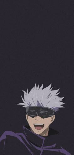 an anime character with white hair and black glasses smiling at the camera in front of a dark background