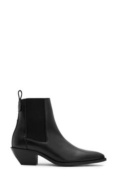 "Find ALL SAINTS Fox Chelsea Boot on Editorialist. A pointy toe plays up the modern attitude of a block-heel Chelsea boot that's ready to elevate any look. 1 3/4\" heel, 6\" shaft (size 11) 11 1/2\" circumference (size 11) Leather or genuine calf-hair and textile upper/leather lining/synthetic sole Made in Portugal"