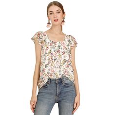 This floral top is sure to inject a floral flourish into your wardrobe. Made of a lightweight chiffon fabric for a soft fit, this top boasts a floral print throughout and a flattering and vintage-inspired square neckline. Wear it with jeans or a skirt for a chic style that will take you from day to evening. With summer floral and greenery details, this breezy flowy blouse features fluttery sleeves. Optimal for day or night, this floral-printed blouse features vintage details like a square neck a Floral Blouses For Women, Ditsy Floral Blouse, Floral Print Chiffon Blouse, Basic Blouses, Women Floral Blouse, Ruffle Fabric, Vintage Details, Layered Blouse, Floral Print Chiffon