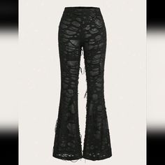 Low Waist Tight Flare Pants Large 8/10 Length 39.2 Inch Waist 42.5 Inch Hips 37.8 Inch Thigh 22.9 Inch Flare Leg, Contrast Lace, Elastic And Low Waist, Long Length, Stretchy, And Comfy. Black Wide Leg Ripped Bottoms, Ripped Wide Leg Black Bottoms, Black Ripped Wide Leg Bottoms, Black Ripped Wide Leg Pants, High Waist Ripped Black Pants, Black Stretch Ripped Bottoms, Black Ripped Stretch Bottoms, Black Stretch Ripped Pants, Black Stretch Jeans For Party