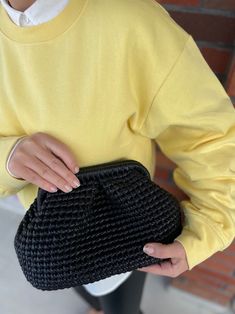 Black Leather Bag Evening Knitted Pouch Bag Crochet - Etsy Pouch Bag Crochet, Knitted Pouch, Personalized Pouch, Womens Handbag, Black Leather Bag, Metallic Yarn, Crochet Etsy, Black Leather Bags, Bag Crochet