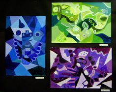 four paintings are displayed on a black surface, each with different shapes and colors in them