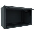 an empty black wall mounted cabinet on a white background with clippings to the side