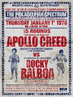 an old concert poster with two men in boxing gear, one holding a ball and the other