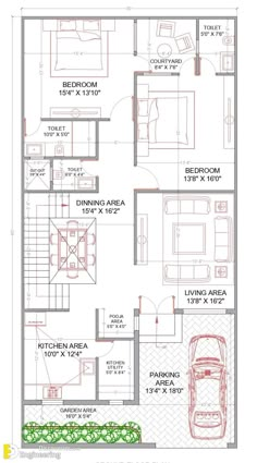 the floor plan for a two bedroom house with garage and living room, which is also attached