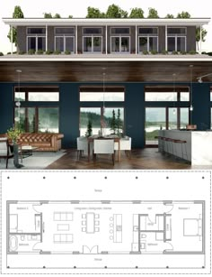 the floor plan for a modern house with two levels and an open living room, dining area