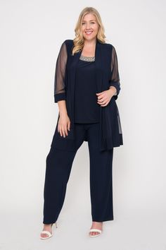 Look chic and fabulous in this beautiful plus size pant suit. The fashionable suit features a jacket with shear, 3/4 length sleeves, elegant slacks, and a beautiful blouse with a beaded neckline. Always classic, this pant suit will give you endless style and sophistication. Perfect for formal, evening party, church and other special occasion. Available in Regular Size and Petite Size Fabric : Poly Spandex Length : 51 inches Sleeve Style : Sleeveless Colors : Black, Royal Blue, Plum, Navy, Charco Bride Pant Suit, Plus Size Outfits For Summer, Plus Size Pant Suits, Mother Of The Bride Plus Size, Formal Pant Suits, Bride Plus Size, Plus Size Sequin Dresses, Red Formal Dresses, Formal Pant