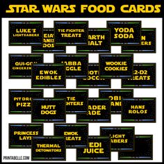 STar wars party food card printable set Star Wars Party C3po, Star Wars Kids Birthday Party Games, Star Wars Themed Birthday Party Target, Star Wars Party Plates, Star Wars Cake 40th Birthday, Free Editable Star Wars Birthday Invitation, Star Wars Activities For Kids Party Games, Star Wars Baby Yoda Birthday Card, Star Wars Die Cut