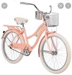 an orange bicycle with a basket on the front and back wheel, is shown against a white background