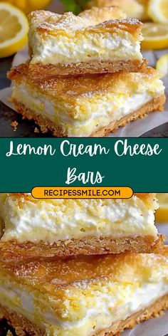 lemon cream cheese bars stacked on top of each other