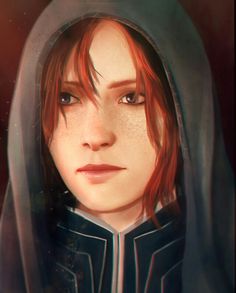 a digital painting of a woman with red hair and blue eyes wearing a hoodie