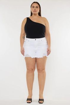 Cleo High Rise Shorts (Plus Size) by Kancan | The Ultimate Denim Shop | Premium denim meets comfort | Designed in Los Angeles. Our Cleo High Rise Shorts is perfect for Summer. Get comfortable in our stretch white color denim that accentuates your curves and is great for everyday wear. Features a fun frayed hem, a single button, optic white color, and distress! Shop now! trendy plus size shorts, high waisted plus size shorts, stylish plus size shorts, plus size casual wear, summer fashion White Mid-rise Bottoms With Frayed Hem, High Waist White Bottoms With Frayed Hem, White High-waist Bottoms With Frayed Hem, White Bottoms With Frayed Hem And Short Length, Casual White Bottoms With Frayed Hem, White Short Length Bottoms With Frayed Hem, Stretch Mid-rise White Jean Shorts, White Stretch Mid-rise Jean Shorts, White High Waist Shorts With Frayed Hem