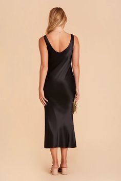 Ennie Satin Midi Dress - Black | Birdy Grey Chic Satin Dress With Adjustable Straps For Party, Sleek Dress With Satin Lining For Night Out, Sleek Satin-lined Dress For Night Out, Sleek Fitted Slip Dress With Straight Neckline, Sleek Night Out Dress With Satin Lining, Classic Silk Slip Dress For Party, Classic Satin Slip Dress For Evening, Classic Satin Evening Slip Dress, Chic Satin Slip Dress With Satin Lining