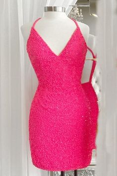 Halter Neon Pink Sequin Bodycon Mini Party Dress Neon Pink Dress For Dance, Hot Pink Fitted Dress, Prom 2k22, Short Hot Pink Dress, Pink Hoco Dress, Hoco 2022, 30th Ideas, Senior Hoco, Hot Pink Bodycon Dress