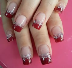 Pretty Red Nails, 49ers Nails, French Manicure Nail Designs, Red And Gold Nails, Glitter French Manicure, Queen Nails, Fingernail Designs, Manicure Nail Designs, Classy Nail