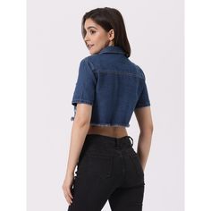 This cropped jean jacket is the perfect addition to your wardrobe! Made of soft and breathable denim material, this versatile piece is perfect for updating your seasonal wardrobe. The frayed hem and distressed details on this cowboy jacket add a unique Western vibe to the overall design, giving you a vintage and stylish look. The regular fit and cropped length make it perfect for many occasions, such as casual outings, weekend gatherings, office, school, shopping, streetwear, outdoor activities, Summer Cropped Denim Blue Jacket, Cropped Denim Blue Denim Jacket For Summer, Cropped Denim Blue Jacket For Summer, Casual Cropped Denim Jacket For Summer, Cropped Dark Wash Denim Jacket For Summer, Trendy Cropped Denim Top With Pockets, Cropped Denim Jacket For Summer, Dark Wash Cropped Crop Top For Spring, Casual Cropped Cotton Denim Jacket