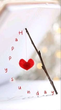 a red heart hanging from a twig with the words happy sunday written on it