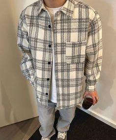 Model is 5ft 80''(177cm) tall, 136 lbs(62.5kg) weight and wearing a size XL - HEAVY- WHITE PLAID- Button-up- Collar White Collared Casual Outerwear, Casual White Collared Outerwear, Casual White Shirt With Pockets, White Shirt With Pockets And Casual Collar, White Relaxed Fit Long Sleeve Outerwear, Casual White Relaxed Fit Outerwear, White Collared Cotton Outerwear, White Collared Shirt With Pockets, White Relaxed Fit Shirt For Fall