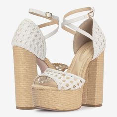 Chic And Elegant, The Aditi Platform Sandal From Jessica Simpson Is A Must-Have In Your Shoedrobe. This Color-Blocked Sandal Flaunts Basket Woven Details On The Upper For An Enhanced Look And A Towering Block Heel With Unique Textures That Adds To The Style. Synthetic Upper Adjustable Buckle Strap Closure Almond Open Toe Synthetic Lining Comfortable Padded Footbed 1.8" Platform, 5.6" Block Heel Synthetic Sole Imported Nwob Store Marking At Outsoles White Platform Sandals For Vacation, White Platform Sandals With Open Heel, White Sandals With 4-inch Heel For Spring, Chic Heels With 4-inch Heel For Vacation, White Platform Wedge Sandals With Open Heel, White High Heel Wedge Sandals For Spring, White High Heel Synthetic Sandals, White Open Heel Wedge Sandals For Spring, Vacation Heels With 4-inch Heel