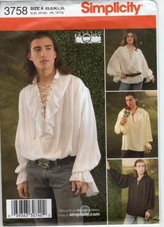 2007 Simplicity 3758 men's romantic, poet shirt. Pirate shirt Pattern size XS-XL fits: Chest/Bust 30-48" Hip 31-49" Pattern has not been used; factory folded Medieval Shirt, Puffy Shirt, Pirates Of Penzance, Pirate Shirt, Poet Shirt, Shirt Sewing, Peasant Shirt, Costume Sewing Patterns, Shirt Sewing Pattern