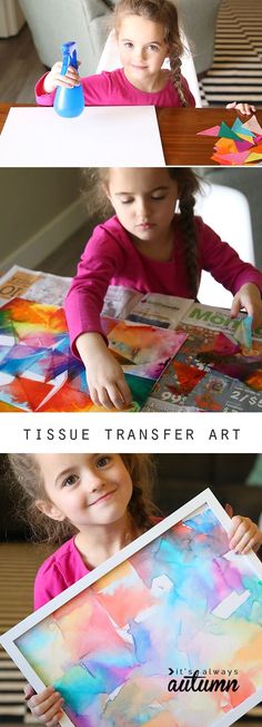 a girl holding up a painting with the words tissue transfer art in front of her